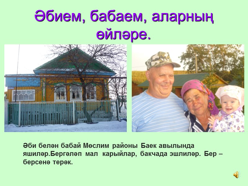 Әбием, бабаем, аларның өйләре. Әби белән бабай Мөслим районы Баек авылында яшиләр.Бергәләп мал 